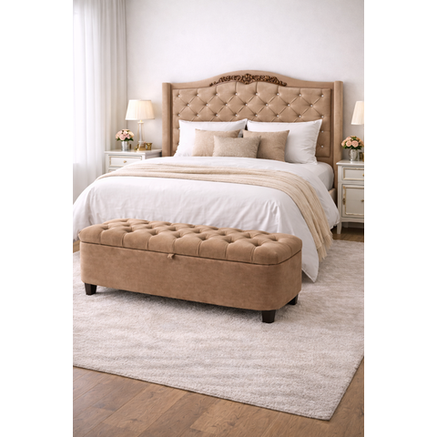Kit de Quarto Lisboa Cabeceira de Cama Box e Calçadeira Baú Queen 160 Cm Suede Bege Eli Móveis e Dec
