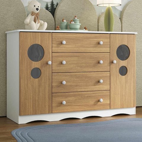 Cômoda Infantil 125cm 2 Portas com Vidro e 4 Gavetas Sonho Multimóveis Mp4475 Branco-madeirado