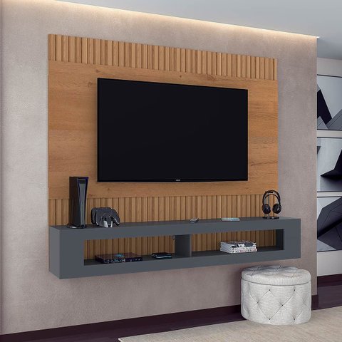 Painel para Tv até 65 Pol Ripado 183 X 154 Cm San Diego Mdp Canelato Grafite - Clicklar
