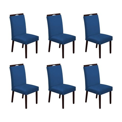 Kit 6 Cadeiras de Jantar Madeira Maciça Castanho Premium Heloísa Veludo Azul - Cor: Azul
