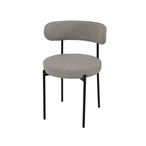 Cadeira de Jantar Linho Cinza Camelia com Encosto Curvo Base Preta Moderna para Sala e Cozinha