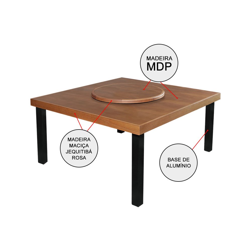 Mesa de Jantar Indústrial Sophia 1,50m Quadrada com Prato Giratório Base Alumínio - Castanho - 3