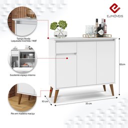 Buffet Veneza 3 Portas 1 Gaveta Pés em Madeira Maciça Branco - Ej Moveis - 5