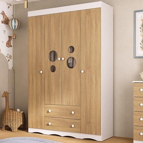 Guarda-roupa Infantil 122cm com Vidro 4 Portas e 2 Gavetas Sonho Multimóveis Mp4473 Branco/