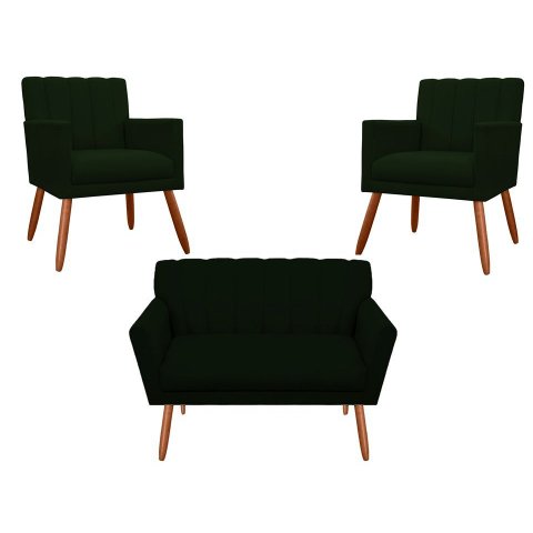 Kit Namoradeira + 2 Poltronas Decorativa Cecília Suede Verde Pés Madeira Ms Decor