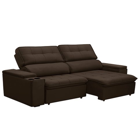 Sofá Retrátil e Reclinável 3 Lugares 230cm Zoho Porta Copos no Braço Veudo Marrom G22 - Gran Belo