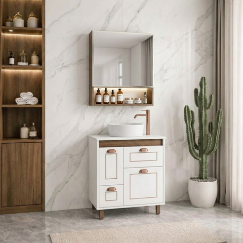 Conjunto Gabinete de Banheiro Cartagena com Tampo MDF 65cm