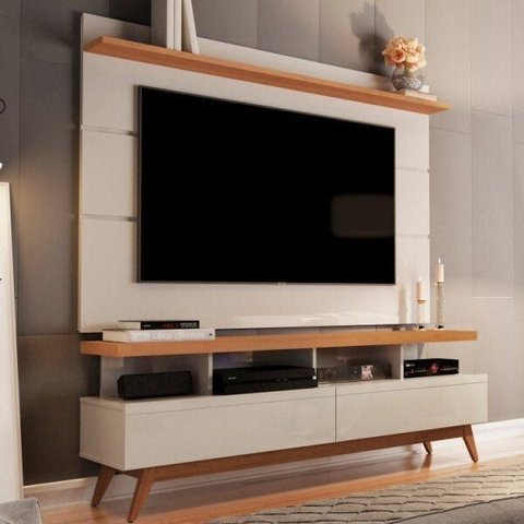 Rack com Painel para TV até 60 Polegadas 160CMX194CM Pés em Madeira Maciça Vivare Off White Nature Branco