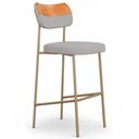 Ver imagem 2 de Kit 2 Banquetas Baixa Sala de Jantar Lisa Pés Champanhe Linho/PU Cinza/Caramelo m² - Monari Design