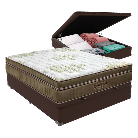 Cama Box Baú Casal Marrom e Colchão Gold Ultragel Molas Ensacadas Ortobom