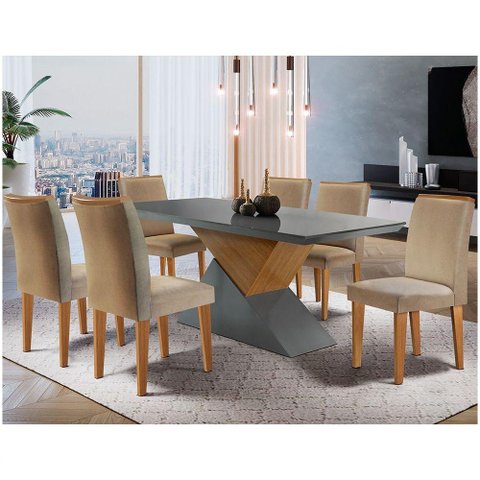 Mesa Aster 180 Tampo Em Mdf Canto Reto Com 6 Cadeiras Lunara Moderna Turim / Grafite / Imbuia