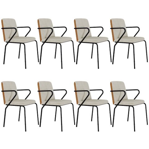 Kit 08 Cadeiras Estofada para Sala de Jantar com Braço Loft Preto C01 Bouclê Vanilla Courino Caramel