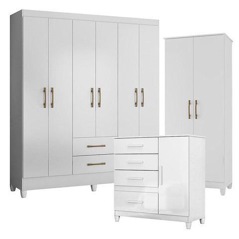 Guarda Roupa Casal Panamá com Cômoda Vênus com Pés e Armário Multiuso Jade Branco Brilho– Moval