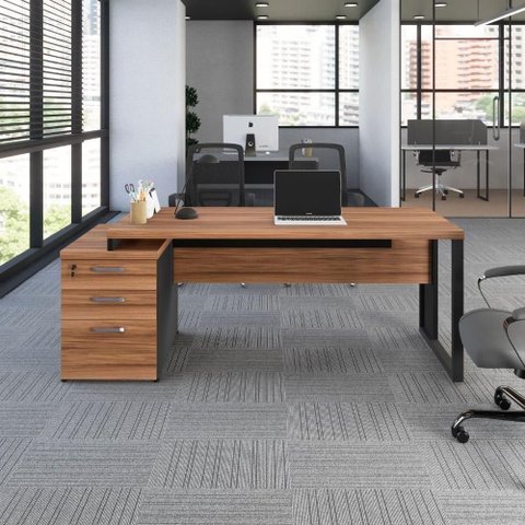 Mesa Diretor Escritório F5 3 Gavetas MDP 150cm Nogal com Preto