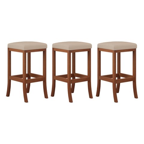 Kit 3 Banquetas Alta Estofada Barcelona 38x74Cm Bancada Bar Madeira Maciça Castanho Suede Bege - CCS