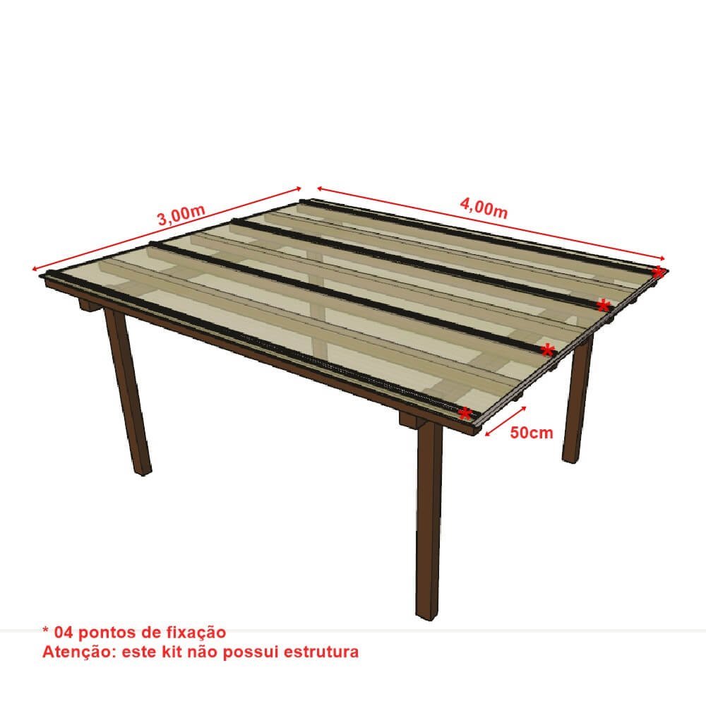 Cobertura Policarbonato Alveolar 3,00m x 4,00m - Cristal 4mm - 2