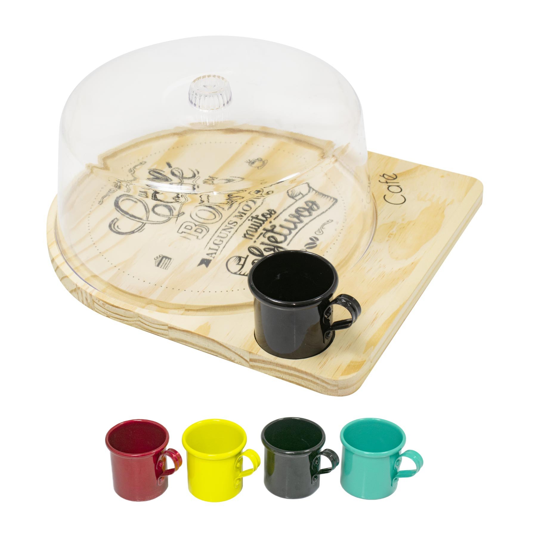 Kit Boleira Gourmet Em Madeira Tampa Transparente E Caneca - 2