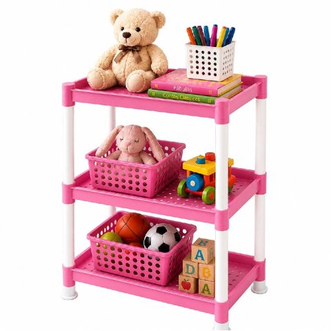 Estante Infantil Rosa Prateleira Tripla Organizador 3 Andares Cesto Multiuso Rack Quarto Porta Brinq