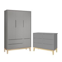 Jogo de Quarto Infantil Classic Guarda Roupa 3 Portas e Cômoda 6 Gavetas Cinza Fosco com Pés Madeira - 1