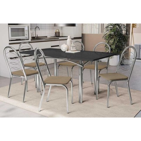 Conjunto: Mesa Sala Jantar Elba Tampo Madeirado C/ Vidro 160cm e 6 Cadeiras Holanda Cromada/preto -