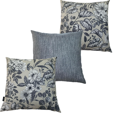 Kit 3 Almofadas Cheias Waterhavana Impermeável Área Externa Flor Branca Folhas Pretas 43CMX43CM