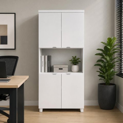 Armário Alto Estante F5 Office 4 Portas 5 Prateleiras MDP 80cm Cinza