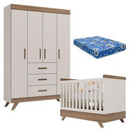 Berço Americano Vitória e Guarda Roupa Retro Maya Off White Carvalho com Colchão Ortobom – Canaã - 1