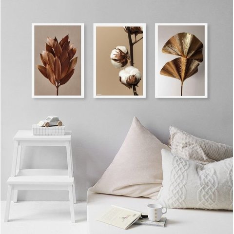Kit 3 Quadros Elegantes Sala Quarto Flores Marrom 33x24cm - com Vidro:madeira Branca