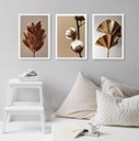 Ver imagem 1 de Kit 3 Quadros Elegantes Sala Quarto Flores Marrom 33x24cm - com Vidro:madeira Branca