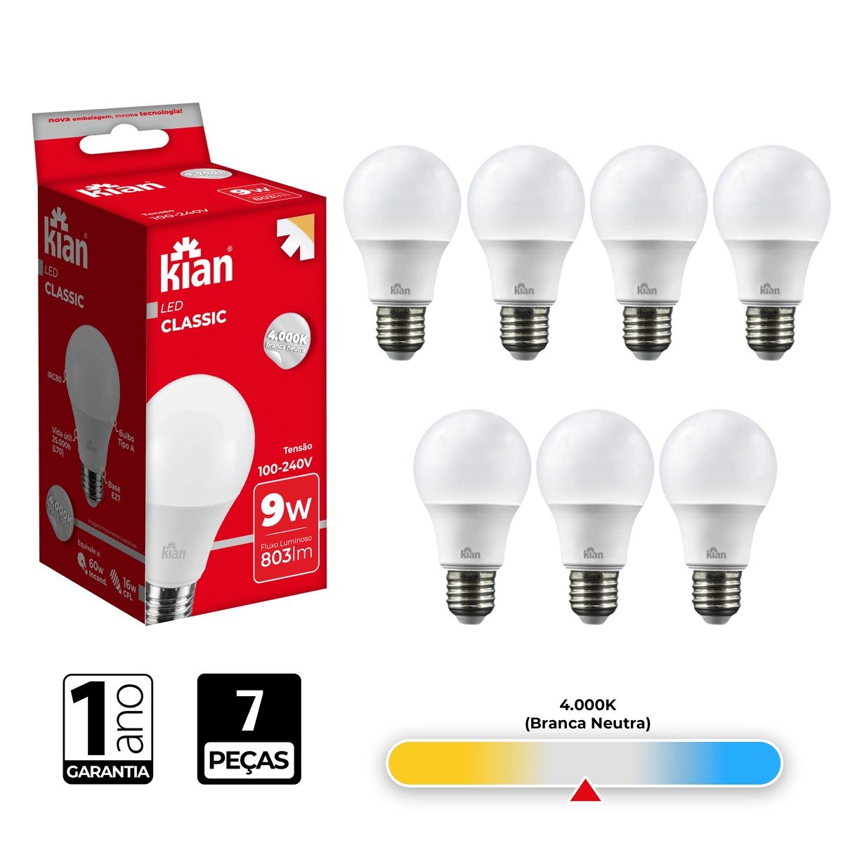 Lâmpada Led Bulbo Kian 9w 4000k Branca Neutra 7 Peças - 2