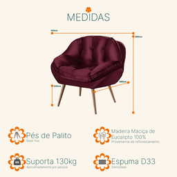 Poltrona Decorativa Almofadada com Pé Palito Veludo Dallas Vinho - Sofá Casa - 3