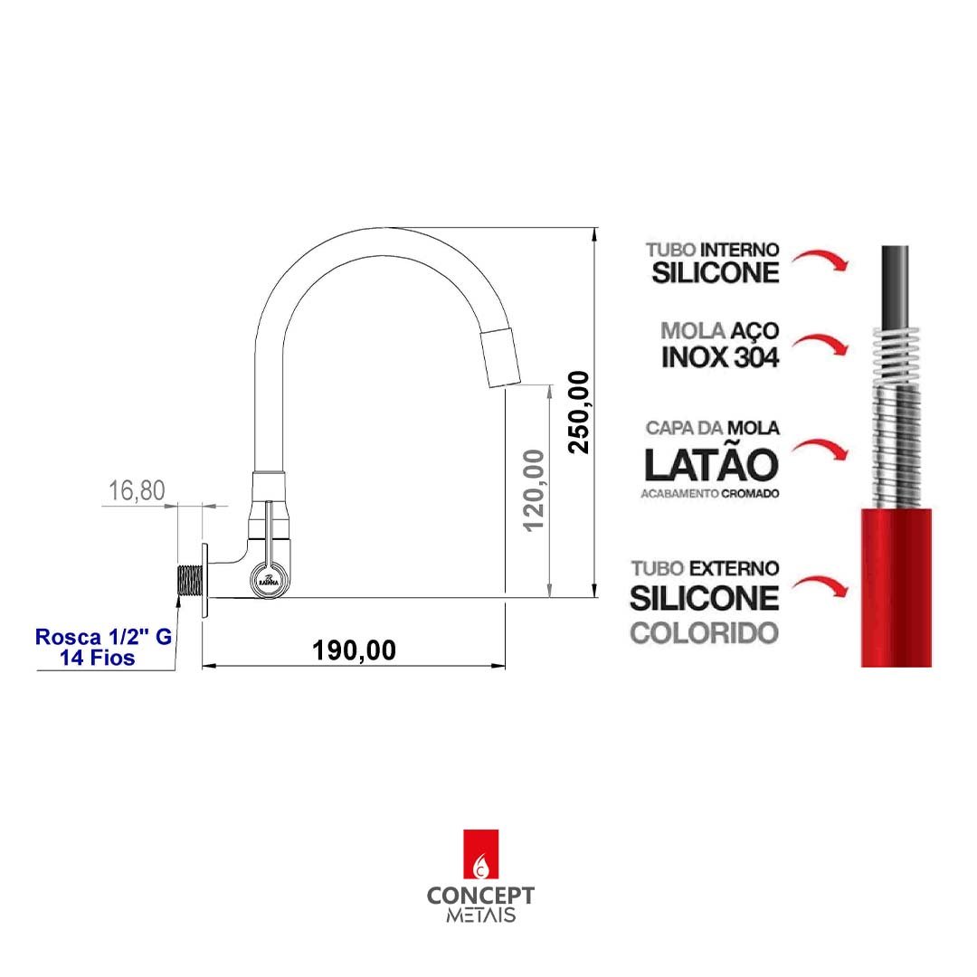Torneira Luxo Parede Tubo Flexível 01868 Vermelho Concept Metais 01868 Red - 6