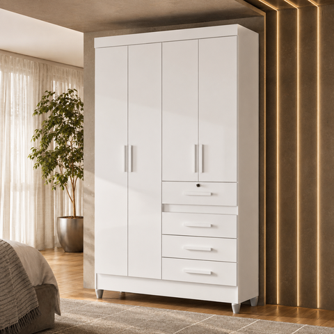 Guarda-Roupa de Solteiro Sobral Flex Branco Azul Rosa 4 Portas 4 Gavetas Moval