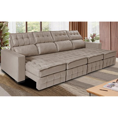 Sofá Retrátil e Reclinável 3.20m Molas Ensacadas e Costura Tripla Cama inBox Nobre Suede Bege