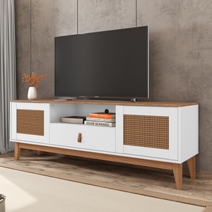 Rack Sala de Estar 160cm com 2 Portas e 1 Gaveta Puxador de Couro e Pés em Madeira Branco / Cedro