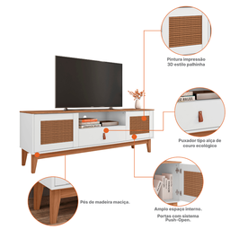 Rack Sala de Estar 160cm com 2 Portas e 1 Gaveta Puxador de Couro e Pés em Madeira Branco / Cedro - 2