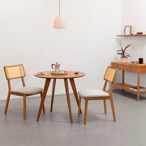 Conjunto Mesa de Jantar Square Redonda Louro Freijó - 88cm + 2 Cadeiras Lalá Encosto Palha Creme - C
