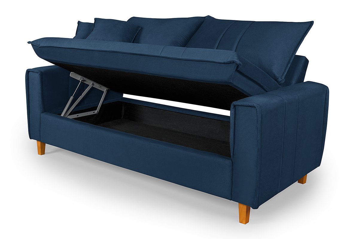 Sofa Living com Bau Multiuso 3 Lugares Suede Pes em Madeira: Azul-marinho - 3
