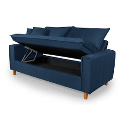 Sofa Living com Bau Multiuso 3 Lugares Suede Pes em Madeira: Azul-marinho - 3