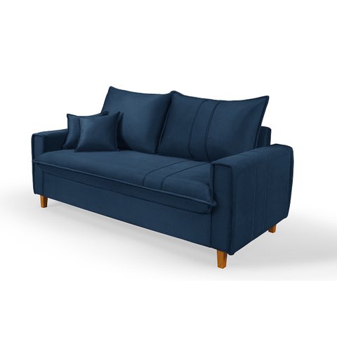 Sofa Living com Bau Multiuso 3 Lugares Suede Pes em Madeira: Azul-marinho