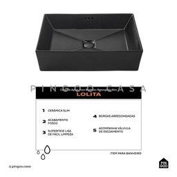 Cuba De Apoio Para Banheiro Retangular Slim Louça Cerâmica 60 cm Lolita Pingoo.casa - Preto Fosco - 2