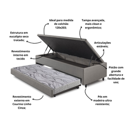 Bicama Box com Baú Viúva Courino Linho Cinza 120x203 com Colchão Auxiliar Ecoflex - 5