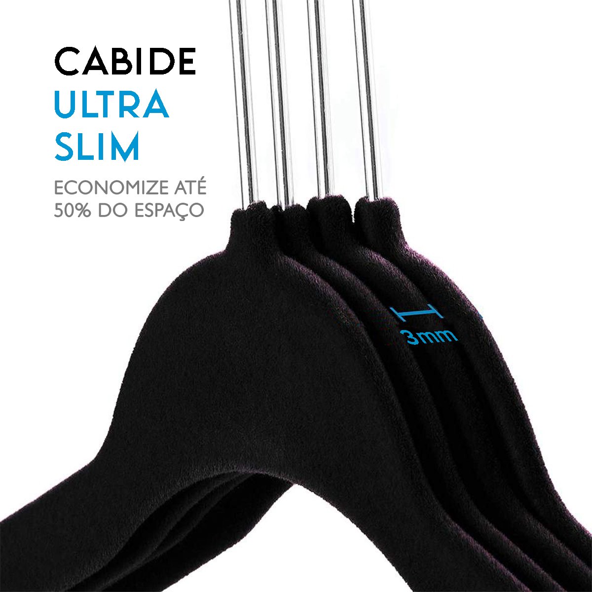 Kit 200 Cabides de Veludo Ultra Fino Antideslizante Preto - 2