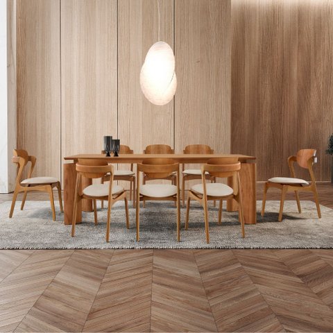 Sala de Jantar Mesa Nala 220cm Tampo Laminado Canto Moeda com 8 Cadeiras Solaris Gold