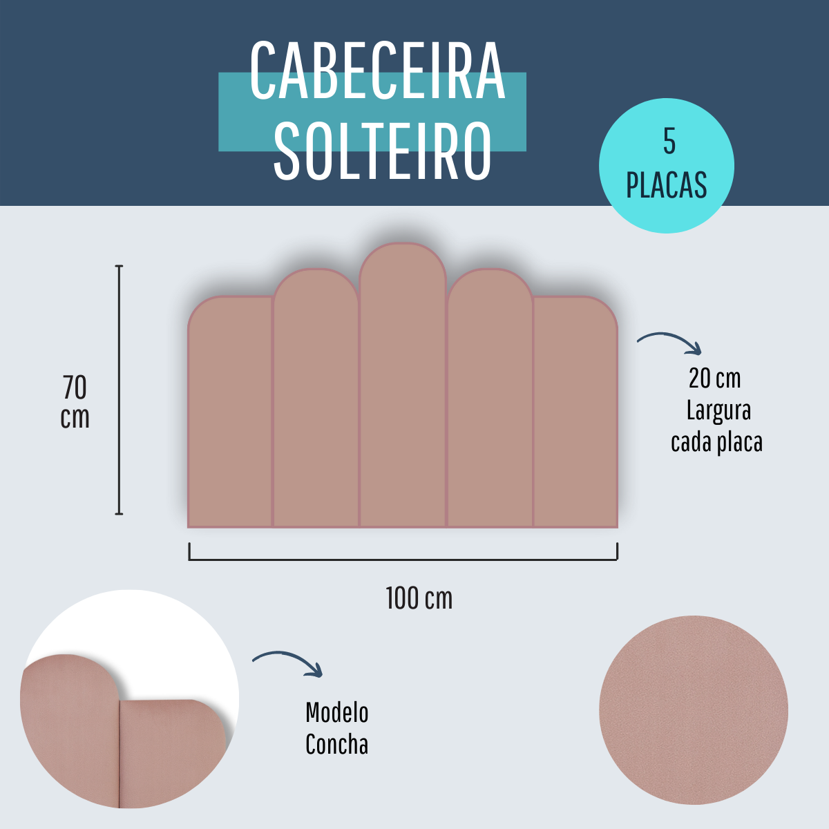 Cabeceira Solteiro Veludo 100x70 Cama Box Modulada Concha Nude - 6