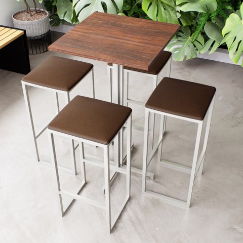 Conjunto Mesa Alta Bar Bistrô Quadrada Imbuia 4 Bancos Estofado Don Castro Decor