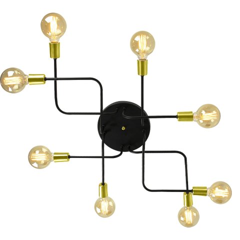 Lustre Plafon Hashtag Preto Com Dourado De 8 Braços