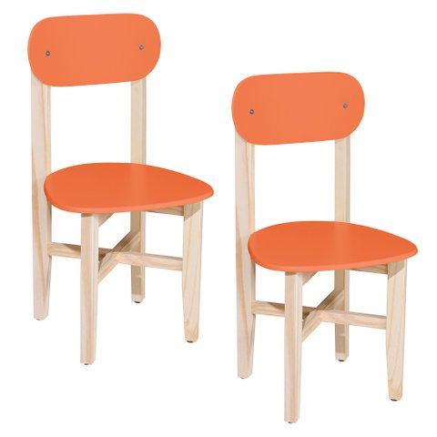 Kit 2 Cadeiras Colorê Infantil Assento e Encosto Laranja Base em Madeira Maciça Pinus