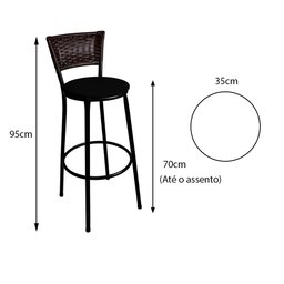 Banqueta Alta Hawaii Bistrô Encosto Junco Marrom Pintura Epóxi Aço Preto Assento Preto - 5