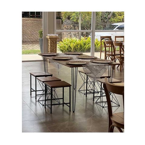 Conjunto mesa de jantar 1,60 x 0,80 x 0,80 cm com 6 banquetas 0,32 x 0,32 0,45 cm ferro e madeira de